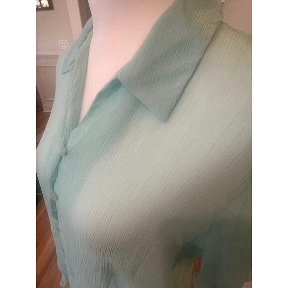 NOTATIONS sheer TURQUOISE RUFFLED button up top womens size large - Picture 4 of 8